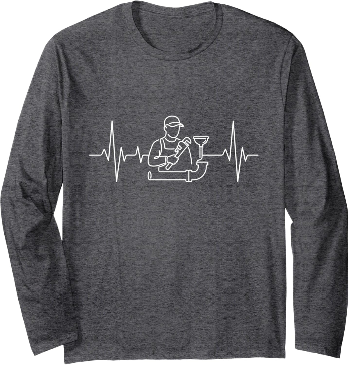 Plumber Heartbeat Pulse Pipe Wrench Plumbing Graphic Long Sleeve T-Shirt - Adult Unisex Dark Heather Grey