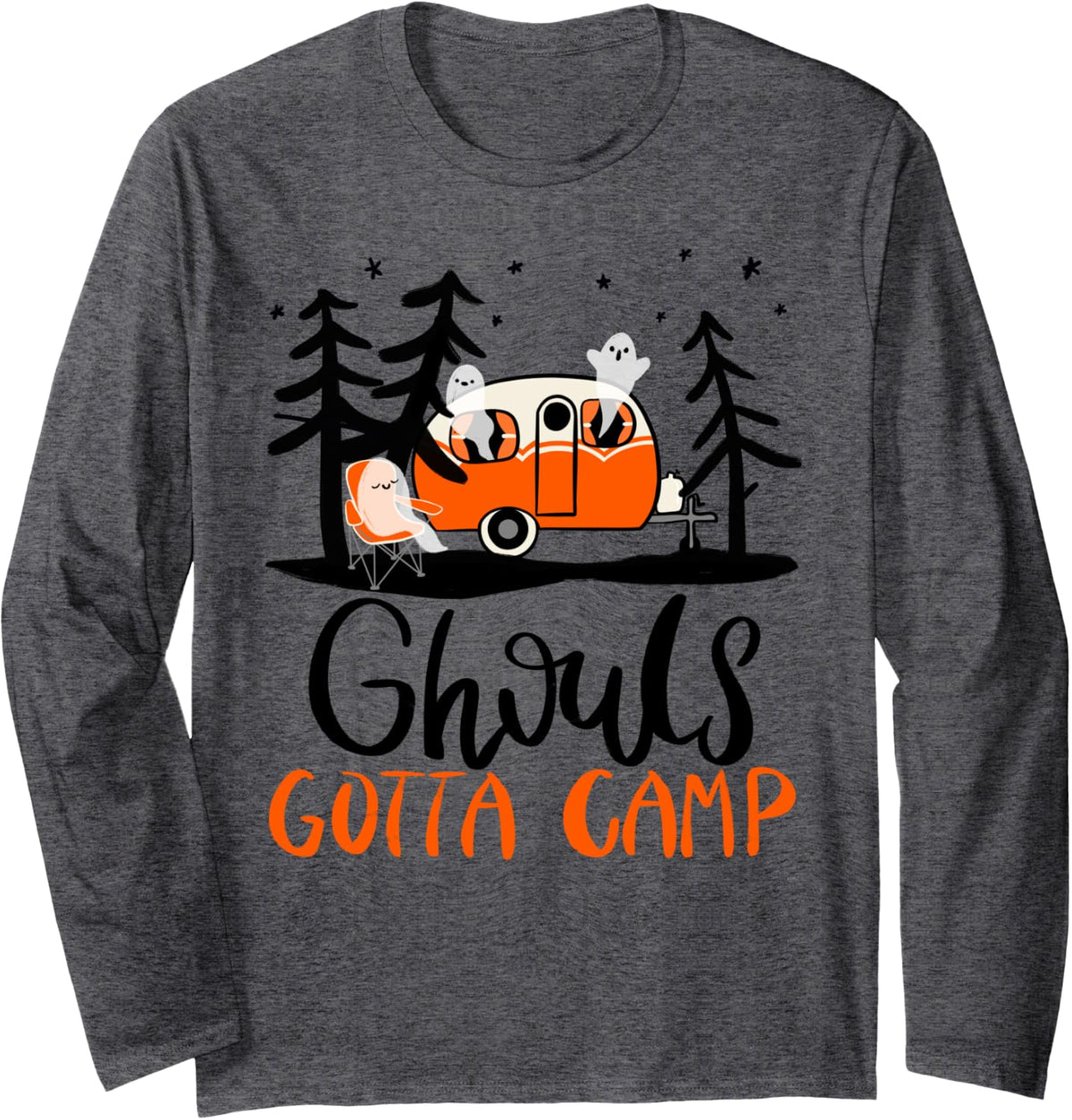 Ghouls Gotta Camp | Funny Punny Halloween Ghost RV Camping Long Sleeve T-Shirt - Adult Unisex Dark Heather Grey