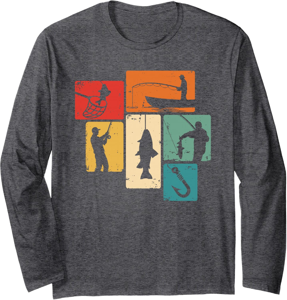 Fisherman Retro Fishing Long Sleeve T-Shirt - Adult Unisex Dark Heather Grey