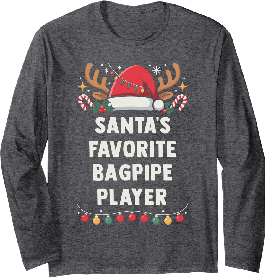 Santa's Favorite Bagpipe Player Christmas Concert Crew Long Sleeve T-Shirt - Adult Unisex Dark Heather Grey