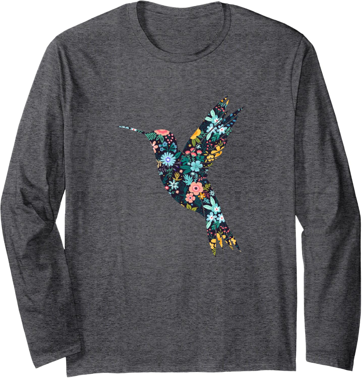 Floral Hummingbird Silhouette Womens Girls Graphic Long Sleeve T-Shirt - Adult Unisex Dark Heather Grey