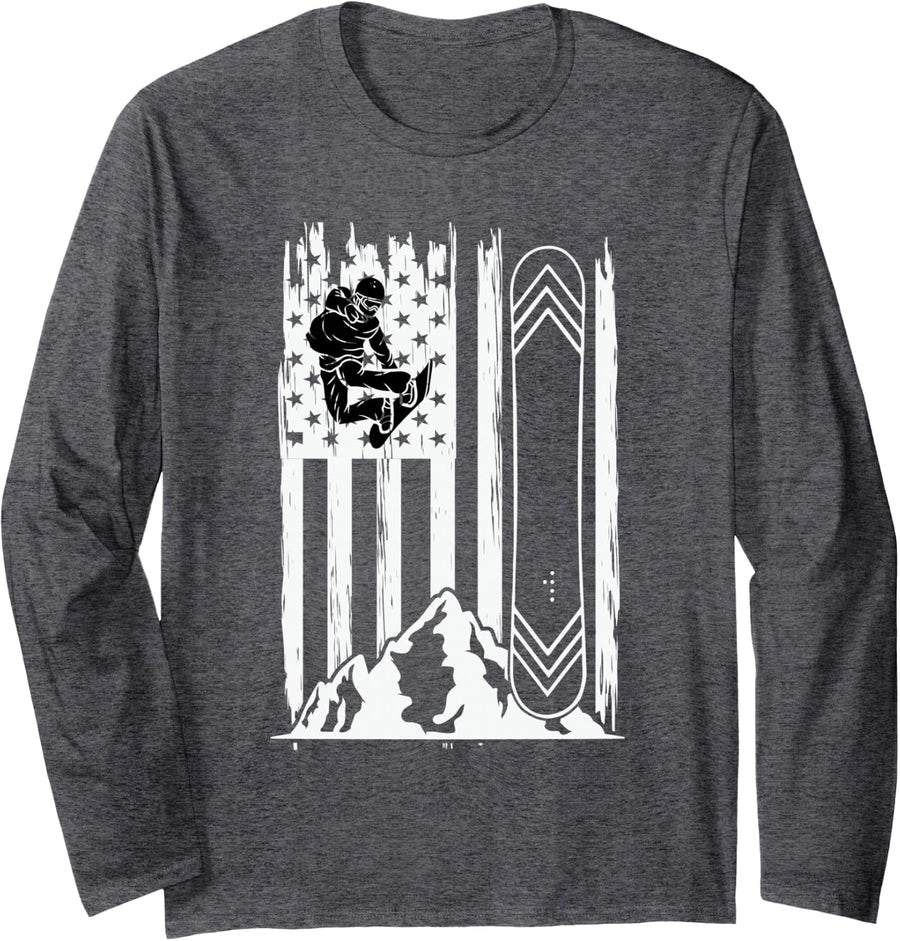 Cool Snowboarding Vintage USA Flag Design For Men Women Tee Long Sleeve T-Shirt - Adult Unisex Dark Heather Grey