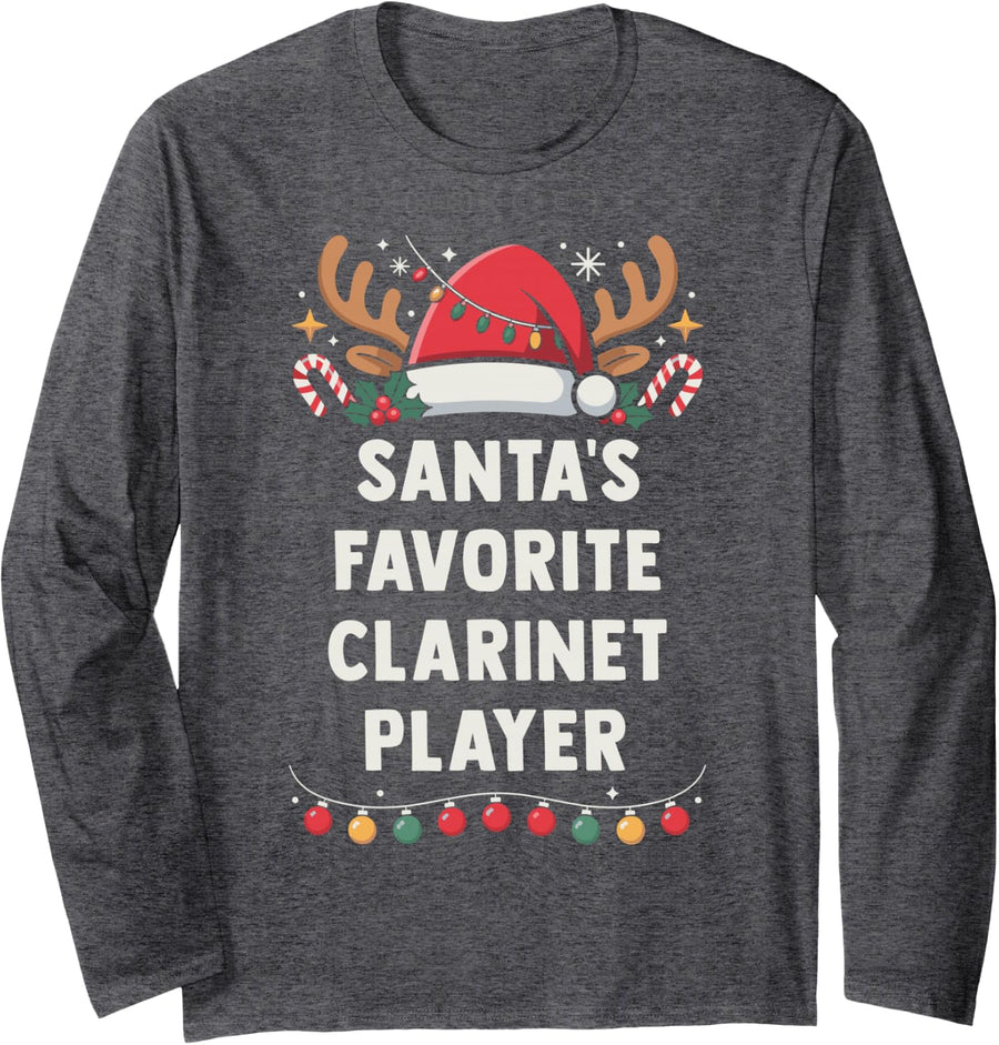 Santa's Favorite Clarinet Player Christmas Concert Crew Long Sleeve T-Shirt - Adult Unisex Dark Heather Grey