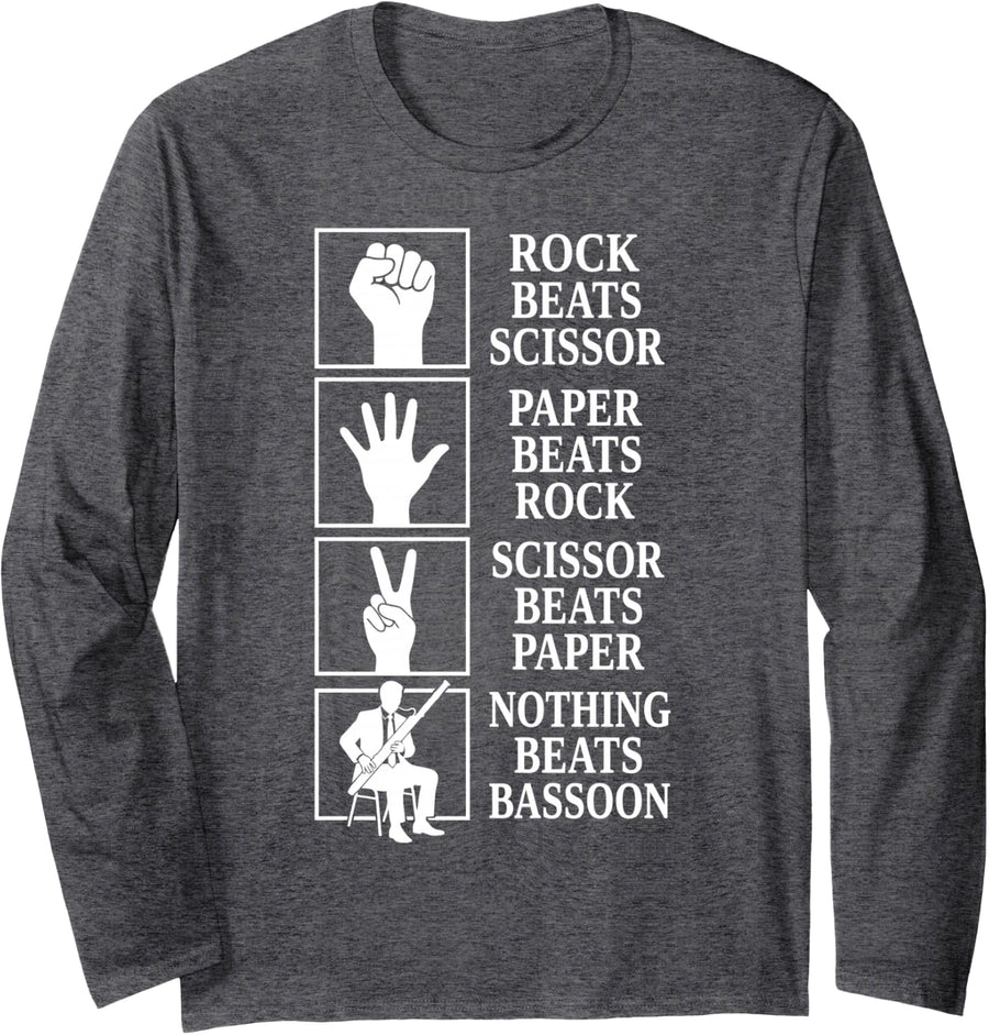 Nothing Beats Bassoon Rock Paper Scissors Funny Bassoonist Long Sleeve T-Shirt - Adult Unisex Dark Heather Grey