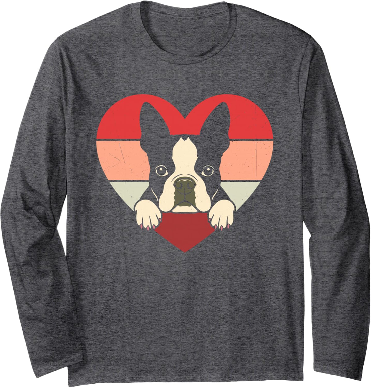 Retro Heart Boston Terrier Dog Vintage Valentine Womens Mens Long Sleeve T-Shirt - Adult Unisex Dark Heather Grey