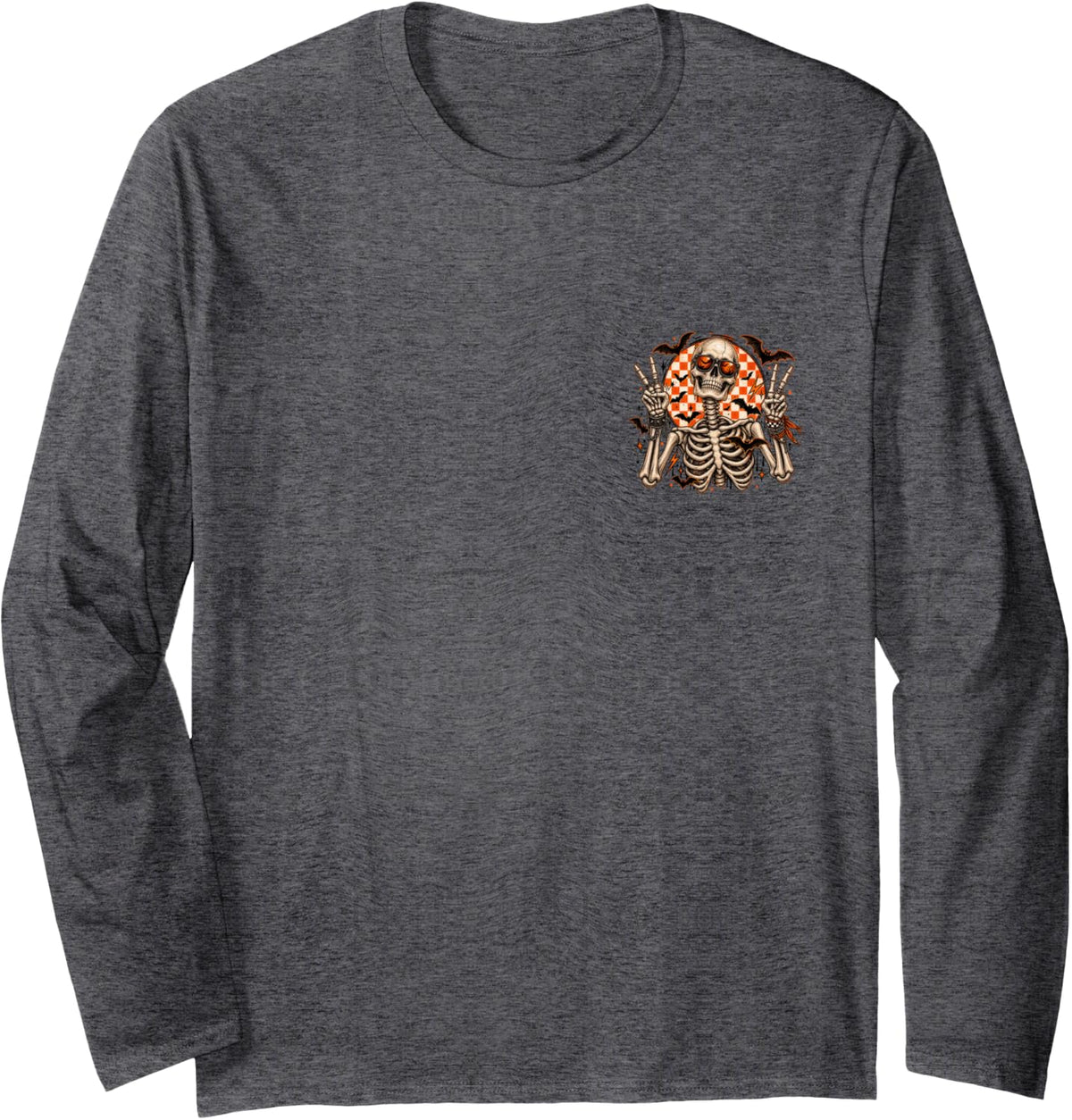 Spooky Season Skeleton Halloween Front and Back Long Sleeve T-Shirt - Adult Unisex Dark Heather Grey
