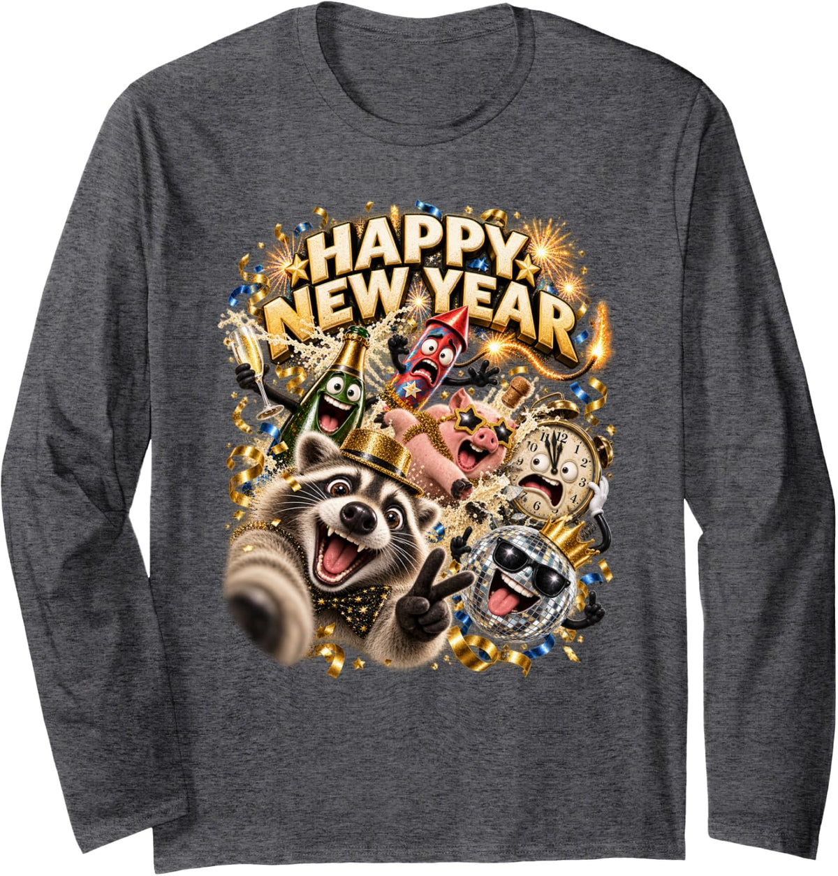 Happy New Year Raccoon Selfie Close Up Portrait Party Art Long Sleeve T-Shirt - Adult Unisex Dark Heather Grey