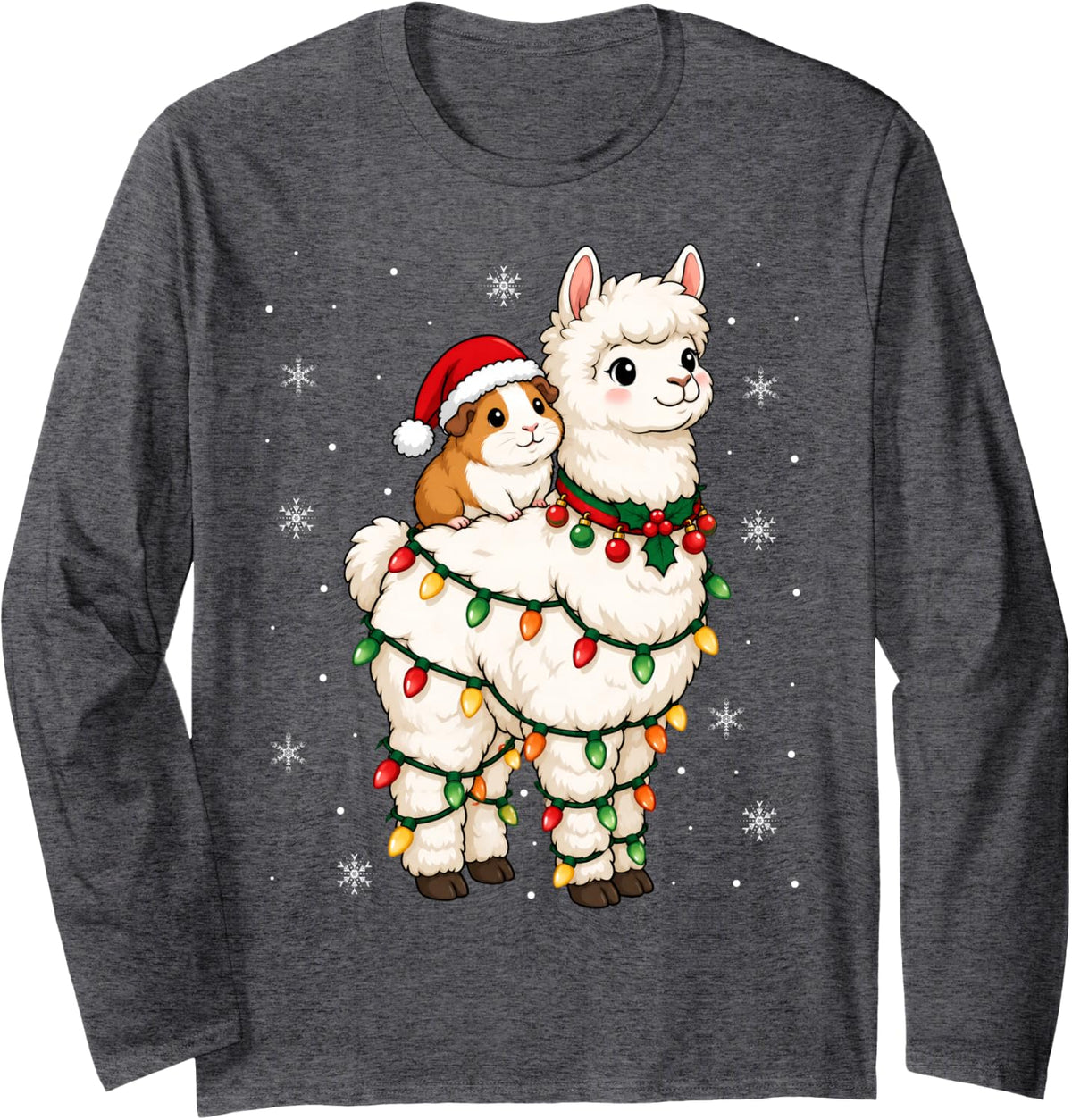 Festive Santa Guinea Pig Alpaca Christmas Lights Holiday Long Sleeve T-Shirt - Adult Unisex Dark Heather Grey