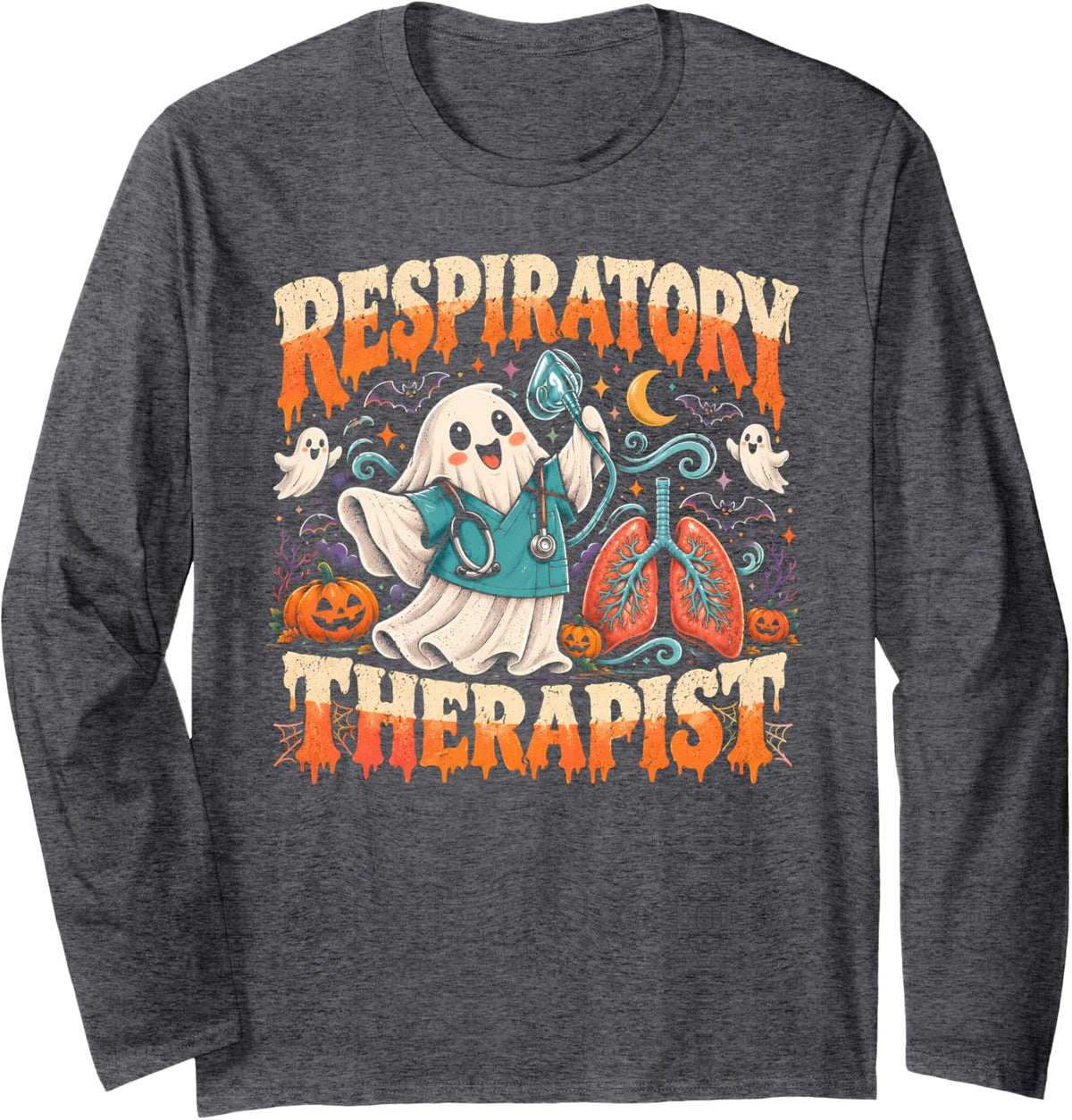 Respiratory Therapist Funny Ghost Lung Care Long Sleeve T-Shirt - Adult Unisex Dark Heather Grey