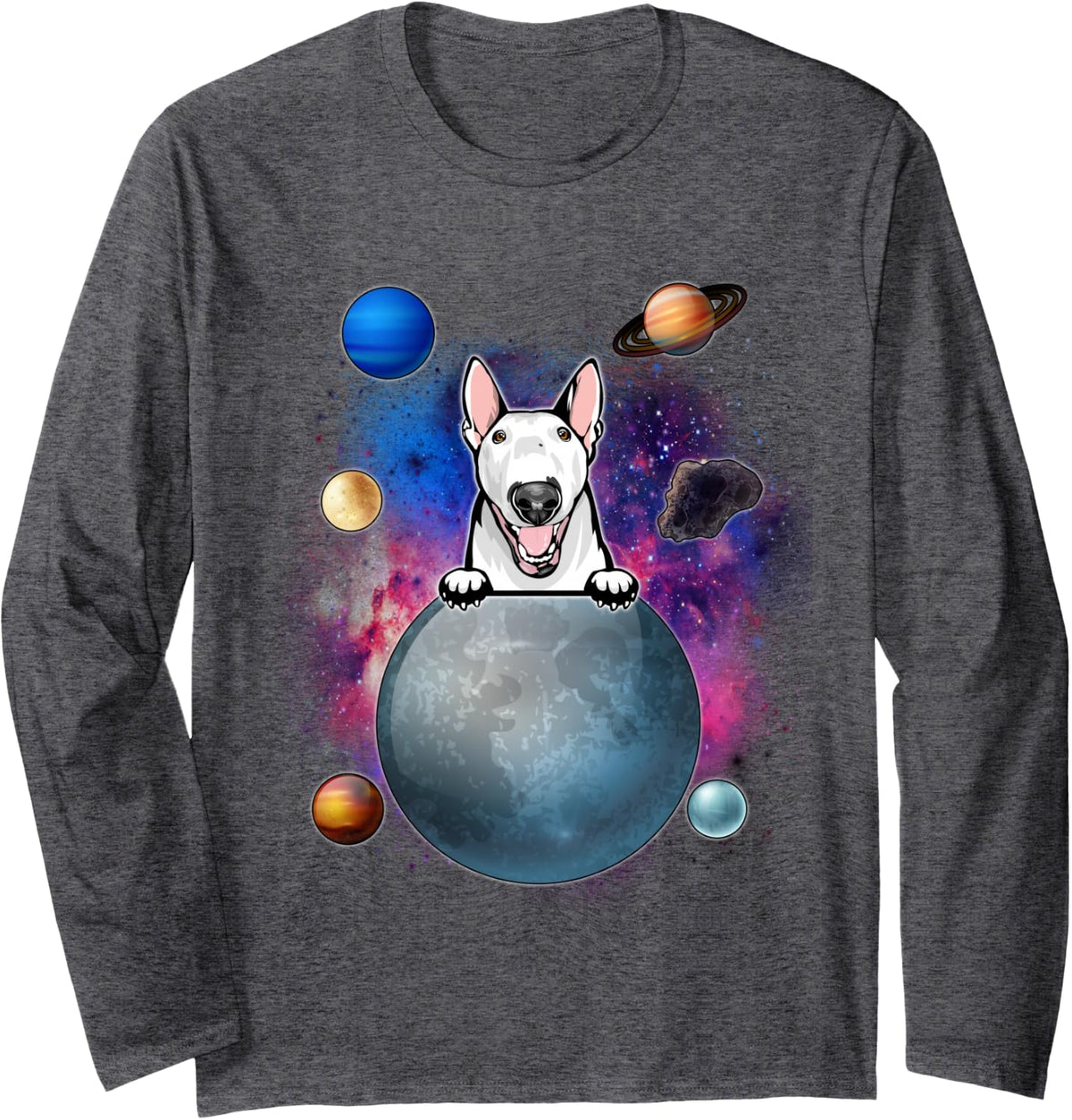 Bull Terrier On The Moon Galaxy Funny Puppy Spcae Dog Lover Long Sleeve T-Shirt - Adult Unisex Dark Heather Grey