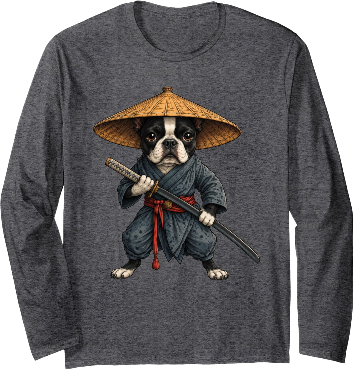 Boston Terrier Samurai Art Japanese Vintage Long Sleeve T-Shirt - Adult Unisex Dark Heather Grey
