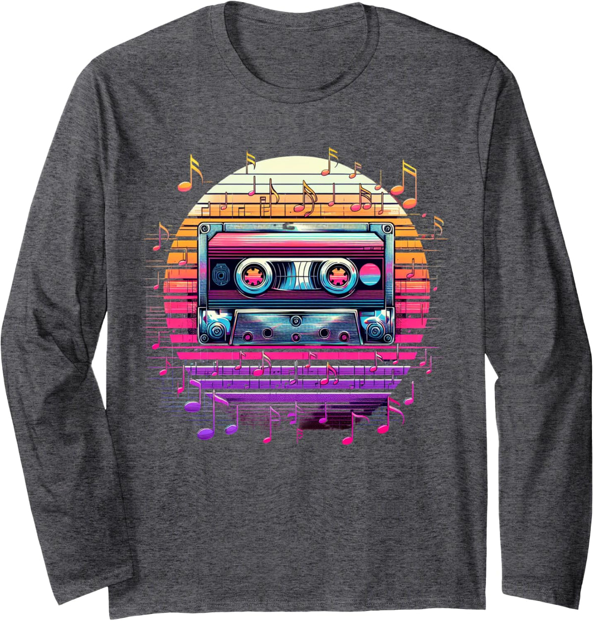 80s Tape Cassette Synthwave Vaporwave Long Sleeve T-Shirt - Adult Unisex Dark Heather Grey