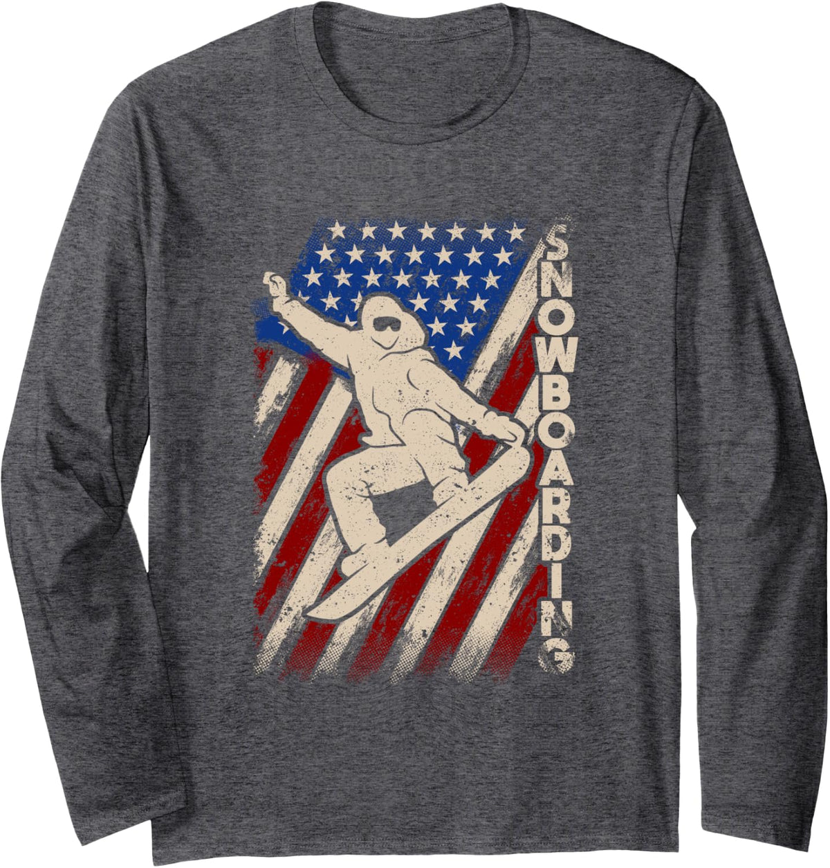 USA Sport Snowboarding American Flag Snowboarder Patriotic Long Sleeve T-Shirt - Adult Unisex Dark Heather Grey