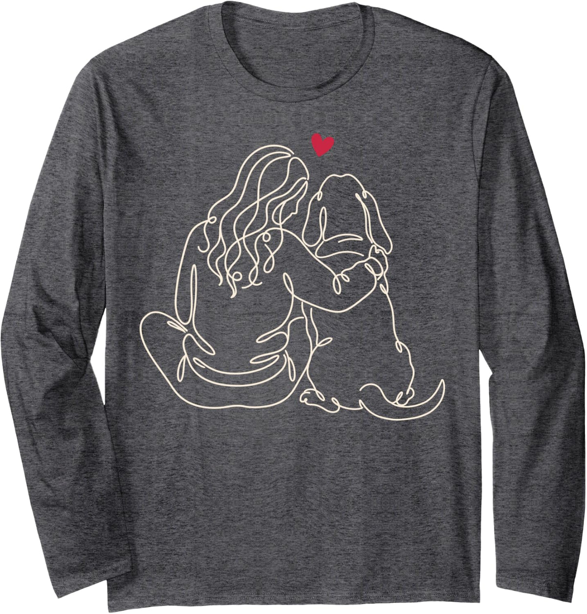Basset Hound Girl Heart Line Art Long Sleeve T-Shirt - Adult Unisex Dark Heather Grey