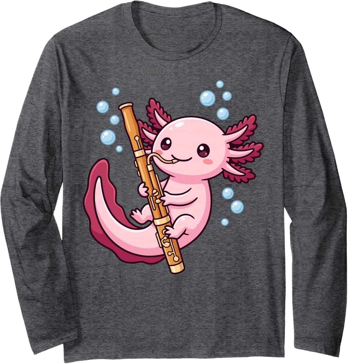 Cute Axolotl Playing Bassoon Funny Bassoonist Musician Long Sleeve T-Shirt - Adult Unisex Dark Heather Grey