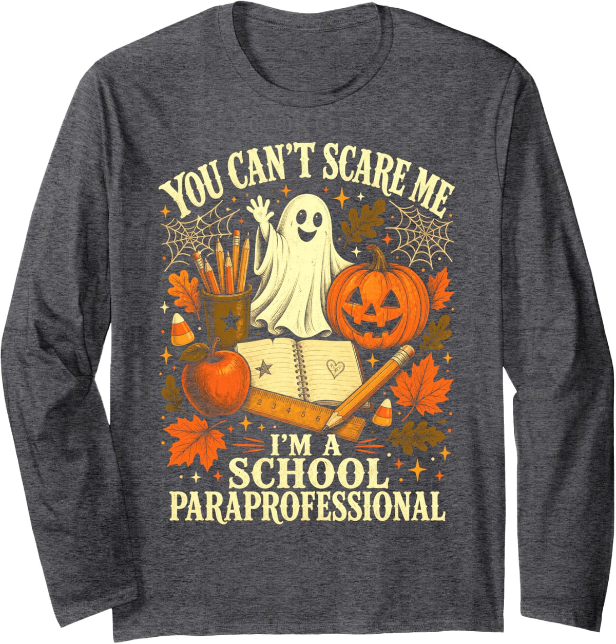 Back to School Paraprofessional Halloween Retro Ghost Long Sleeve T-Shirt - Adult Unisex Dark Heather Grey