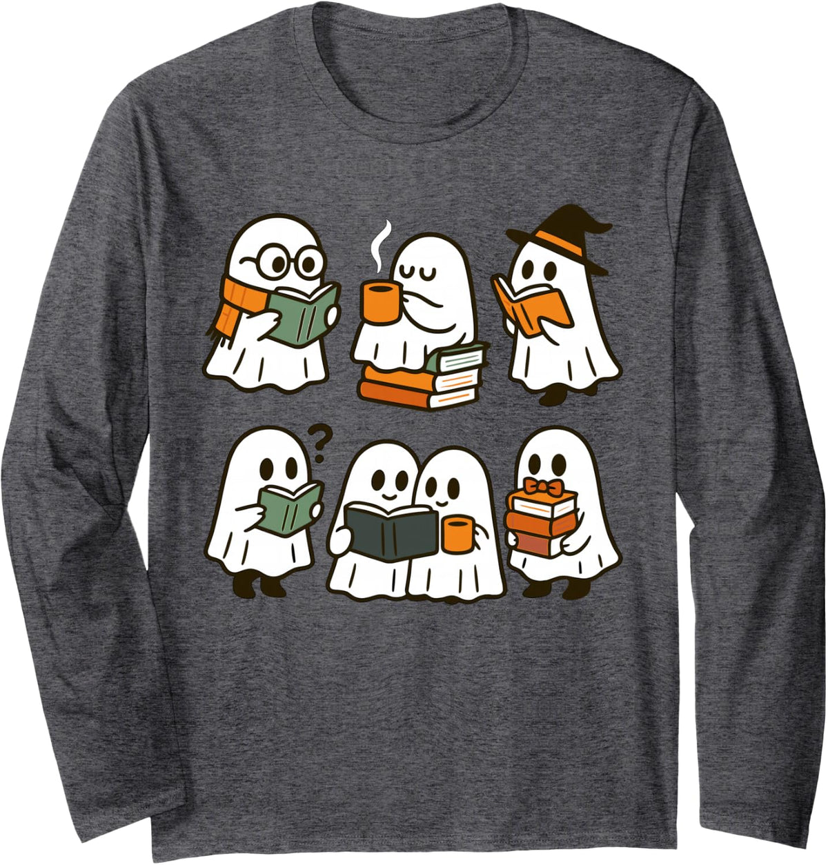 Cute Ghosts Reading Books Halloween Long Sleeve T-Shirt - Adult Unisex Dark Heather Grey