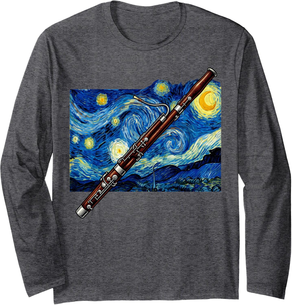 Starry Night Bassoon Art Bassoonist Orchestra Musician Long Sleeve T-Shirt - Adult Unisex Dark Heather Grey