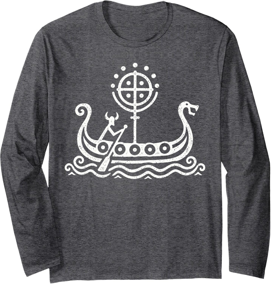 Viking Ship Longship Drakkar Norse Mythology Nordic Rock Art Long Sleeve T-Shirt - Adult Unisex Dark Heather Grey