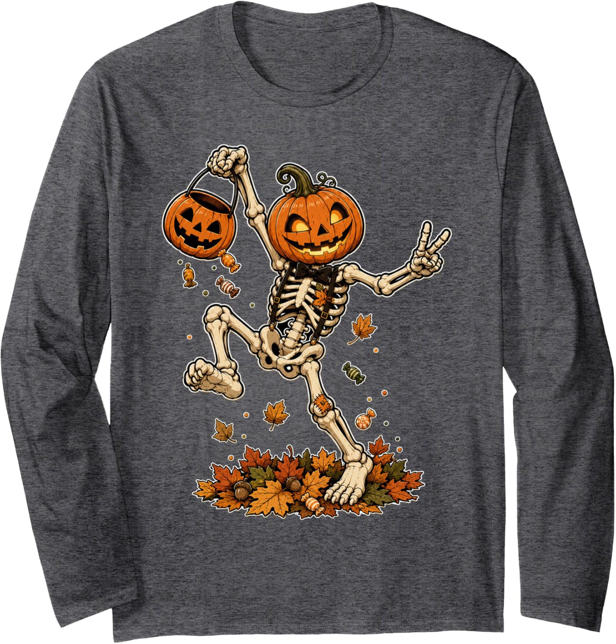 Spooky Season Jack O Lantern Pumpkin Skeleton Halloween Long Sleeve T-Shirt - Adult Unisex Dark Heather Grey