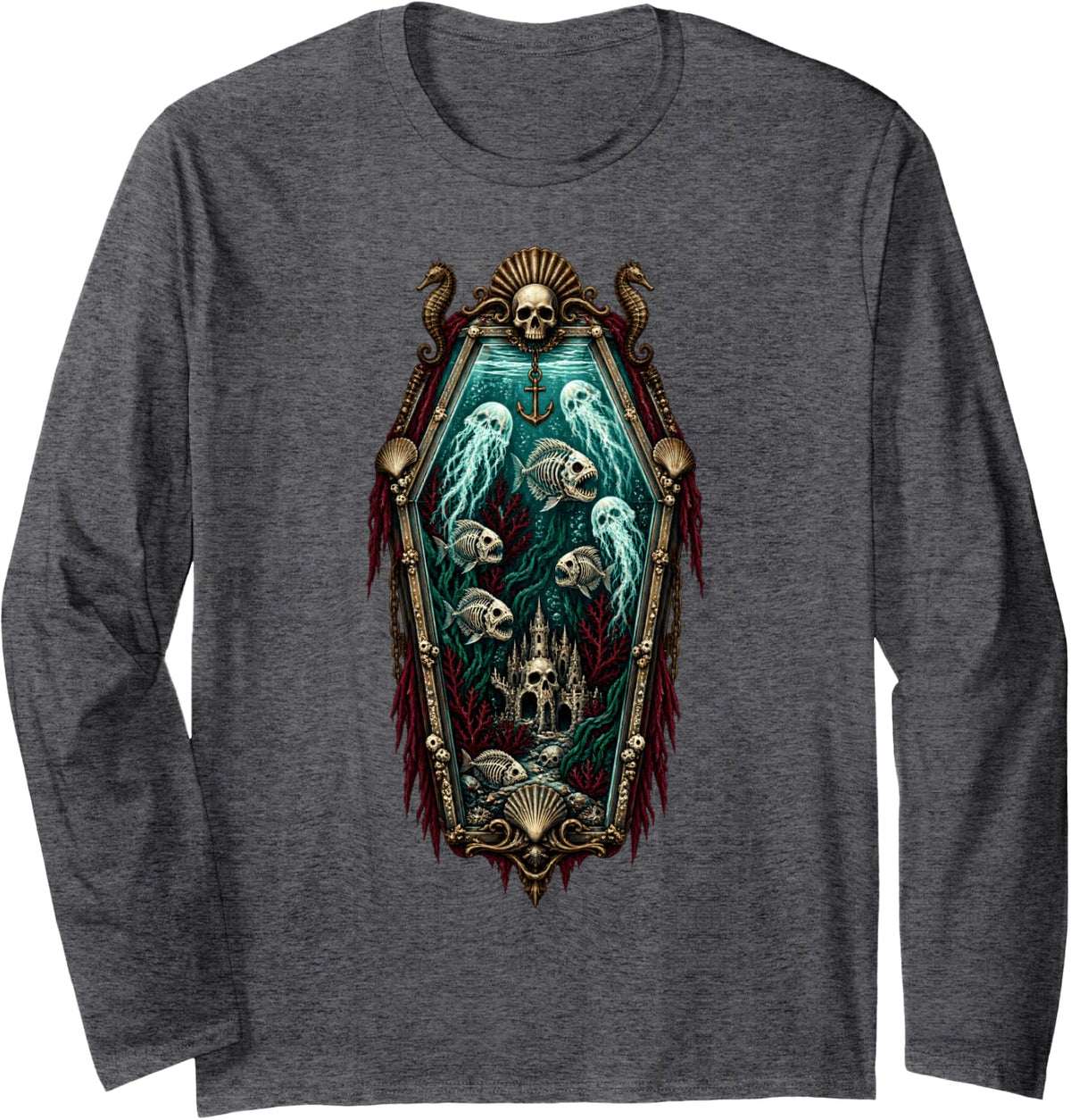 Coffin Ocean Halloween Gothic Sea Horror Long Sleeve T-Shirt - Adult Unisex Dark Heather Grey