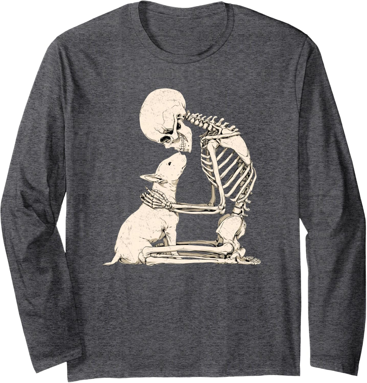 Funny Bull Terrier with Skeleton Halloween Dog Lover Long Sleeve T-Shirt - Adult Unisex Dark Heather Grey