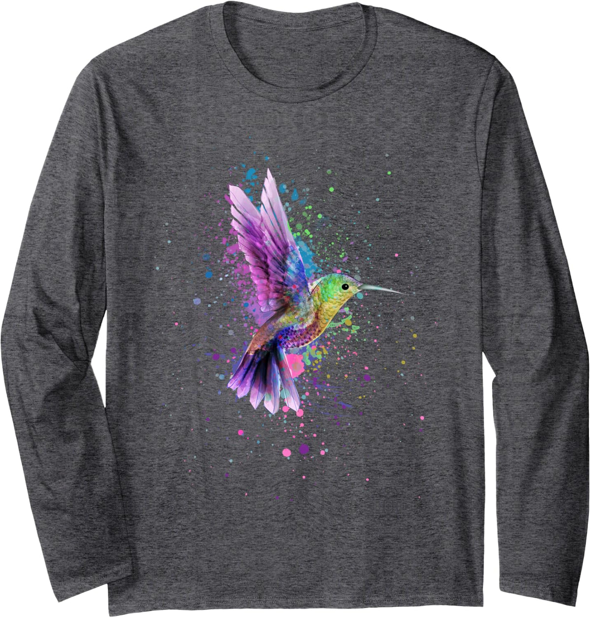 Hummingbird Watercolor Art Design Long Sleeve T-Shirt - Adult Unisex Dark Heather Grey