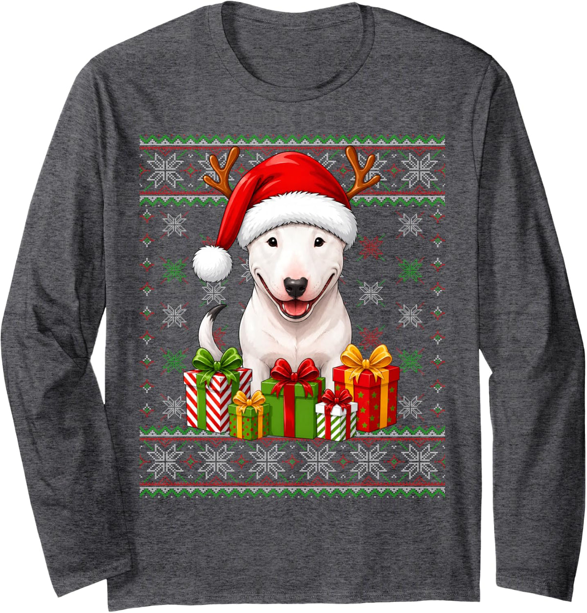 Bull Terrier Dog Christmas Ugly Sweaters Festive Pet Xmas Long Sleeve T-Shirt - Adult Unisex Dark Heather Grey
