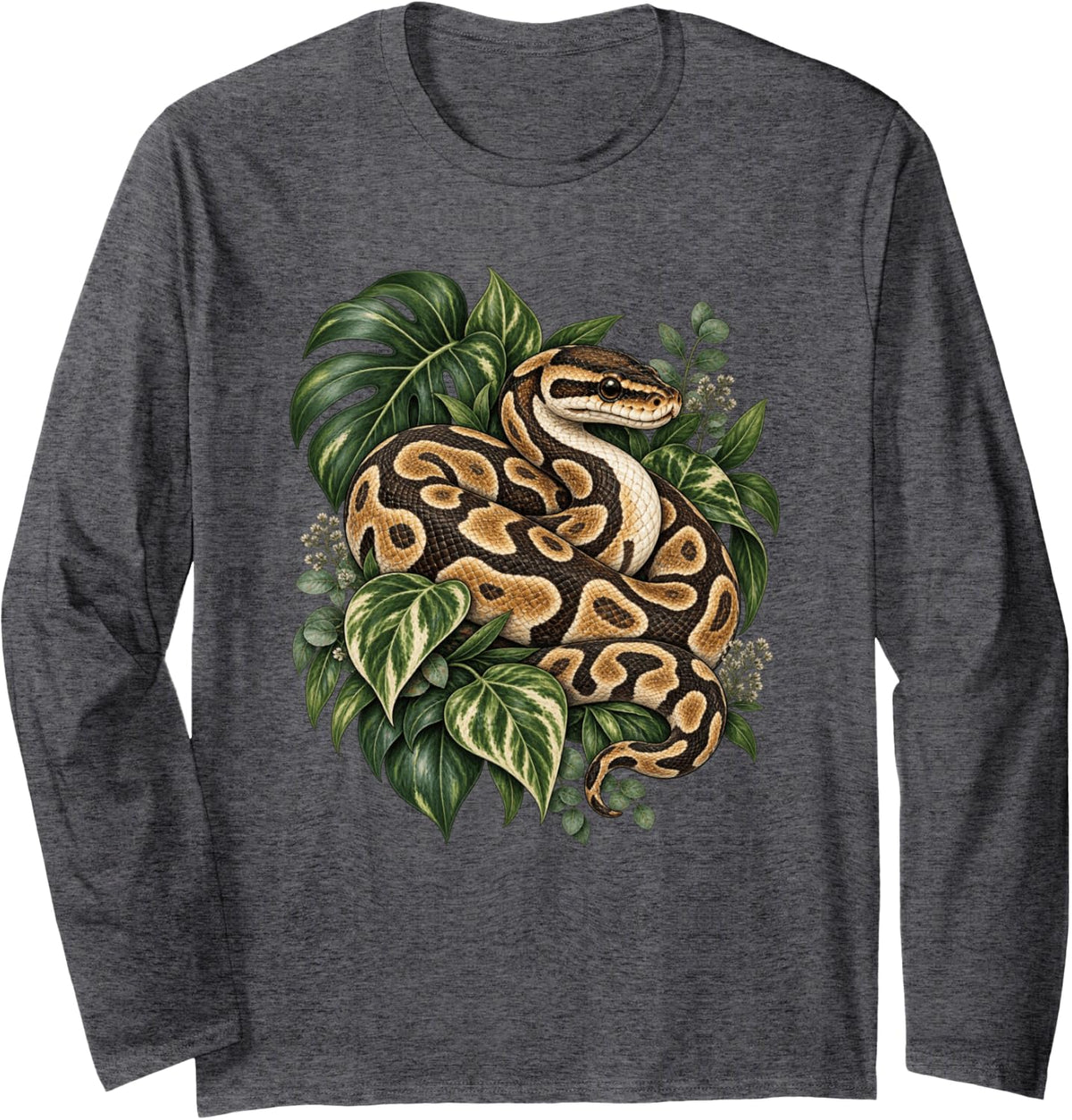 Ball Python Snake Portrait Botanical Reptile Art Long Sleeve T-Shirt - Adult Unisex Dark Heather Grey