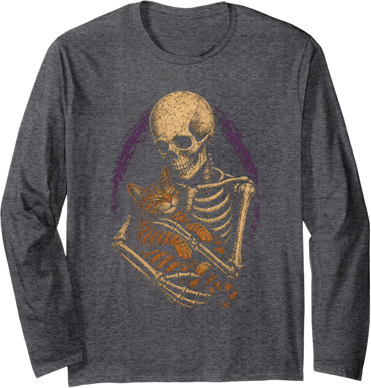 Halloween Skeleton Cat Lover Tabby Bat Vintage Badge Art Long Sleeve T-Shirt - Adult Unisex Dark Heather Grey