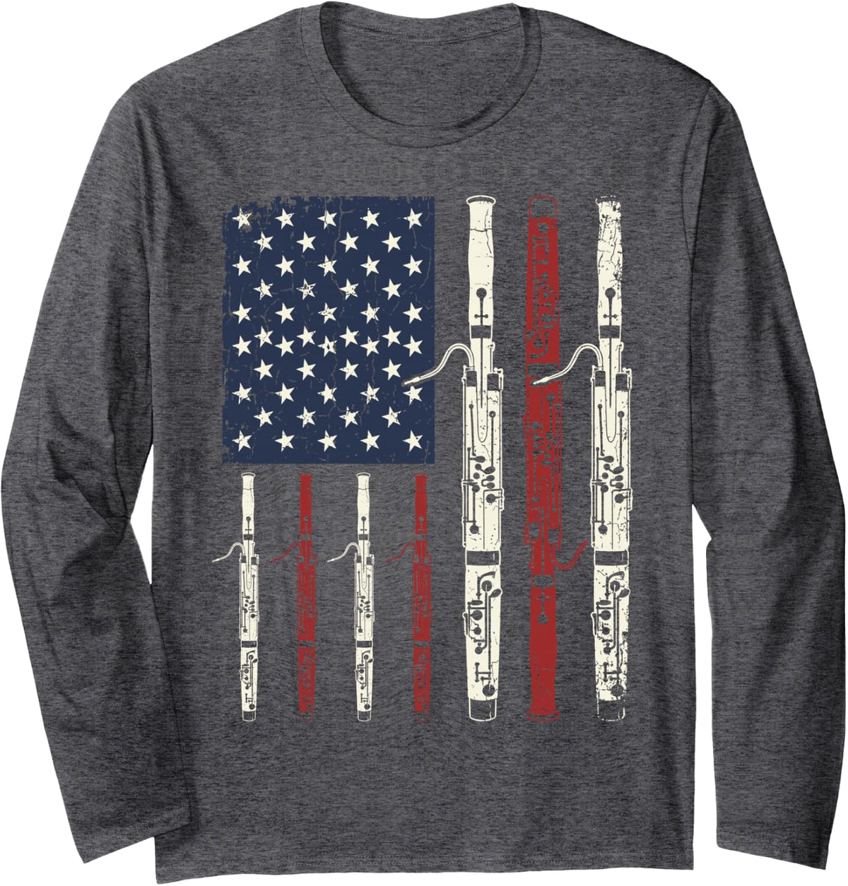 American Flag Bassoon Patriotic Bassoonist Musician Long Sleeve T-Shirt - Adult Unisex Dark Heather Grey