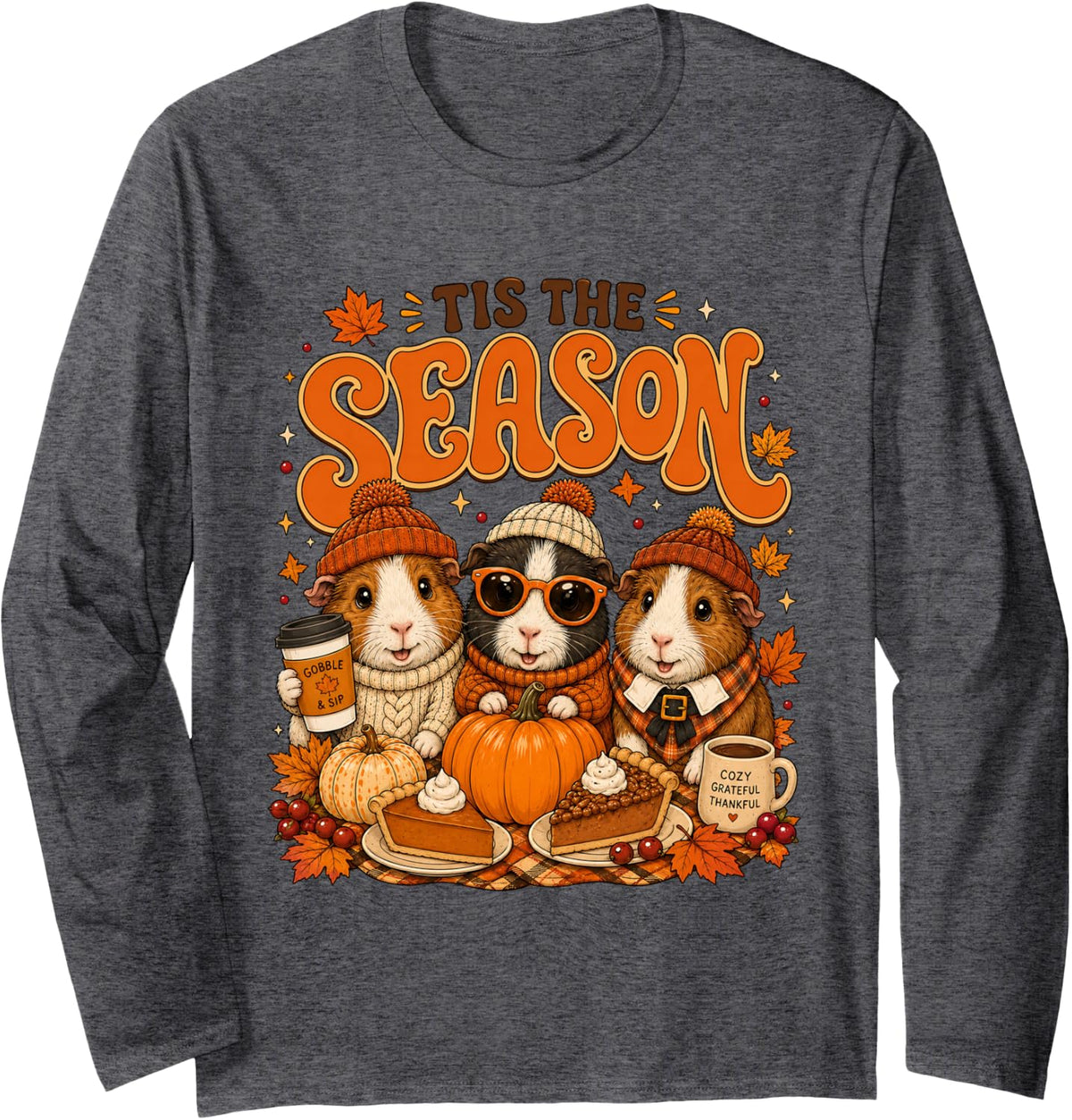 Tis The Season Thanksgiving Guinea Pig Pumpkin Costume Long Sleeve T-Shirt - Adult Unisex Dark Heather Grey