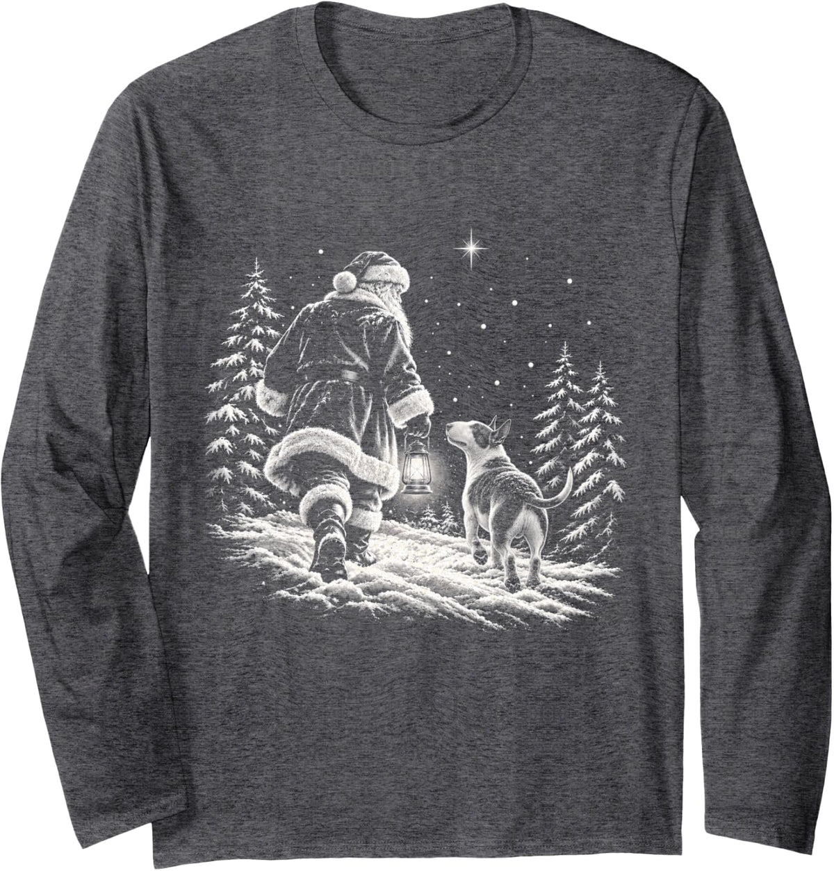 Bull Terrier Christmas Dog Walking with Santa Holiday Dog Long Sleeve T-Shirt - Adult Unisex Dark Heather Grey