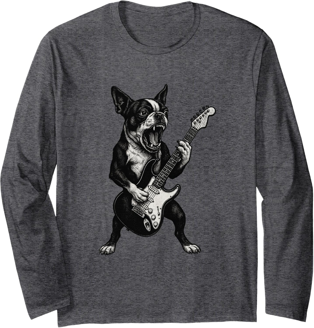 Boston Terrier Playing Electric Guitar Long Sleeve T-Shirt - Adult Unisex Dark Heather Grey