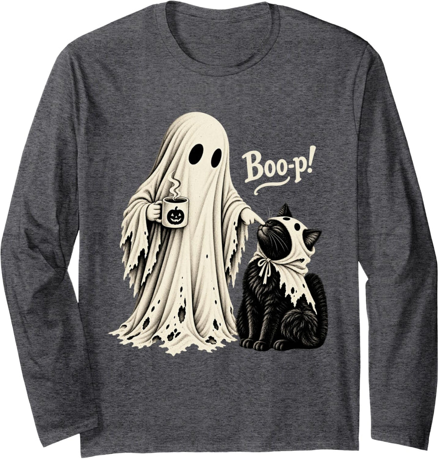 Boo-p! Ghost Boop Black Cute Cat Halloween Spooky Season Long Sleeve T-Shirt - Adult Unisex Dark Heather Grey