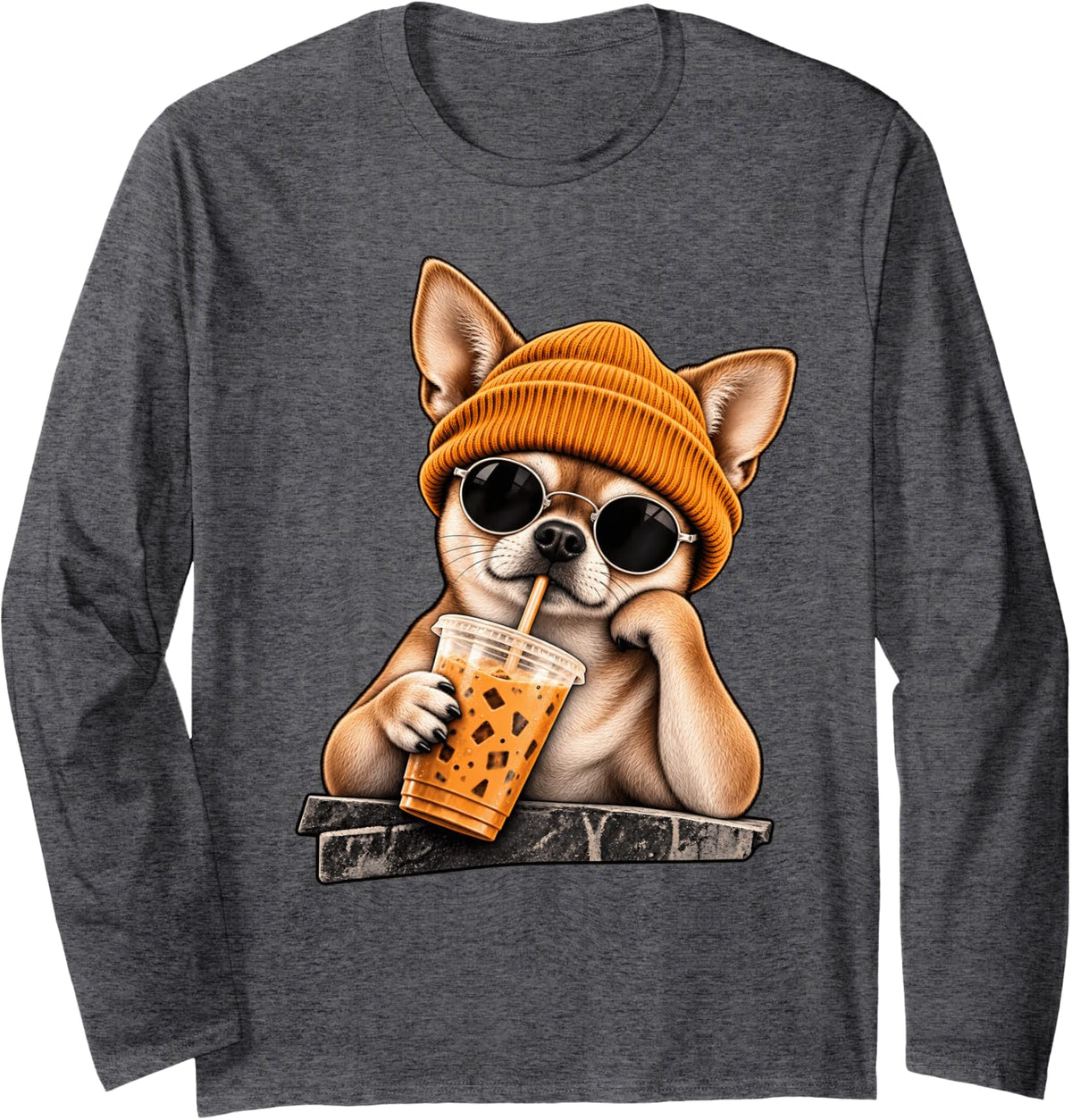 Funny Chihuahua Hipster Drinking Iced Coffee Sunglasses Long Sleeve T-Shirt - Adult Unisex Dark Heather Grey