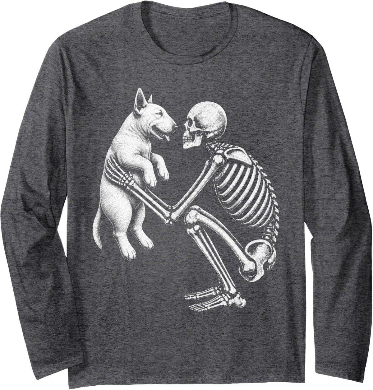 Skeleton Holding Bull Terrier Retro Halloween Dog Long Sleeve T-Shirt - Adult Unisex Dark Heather Grey