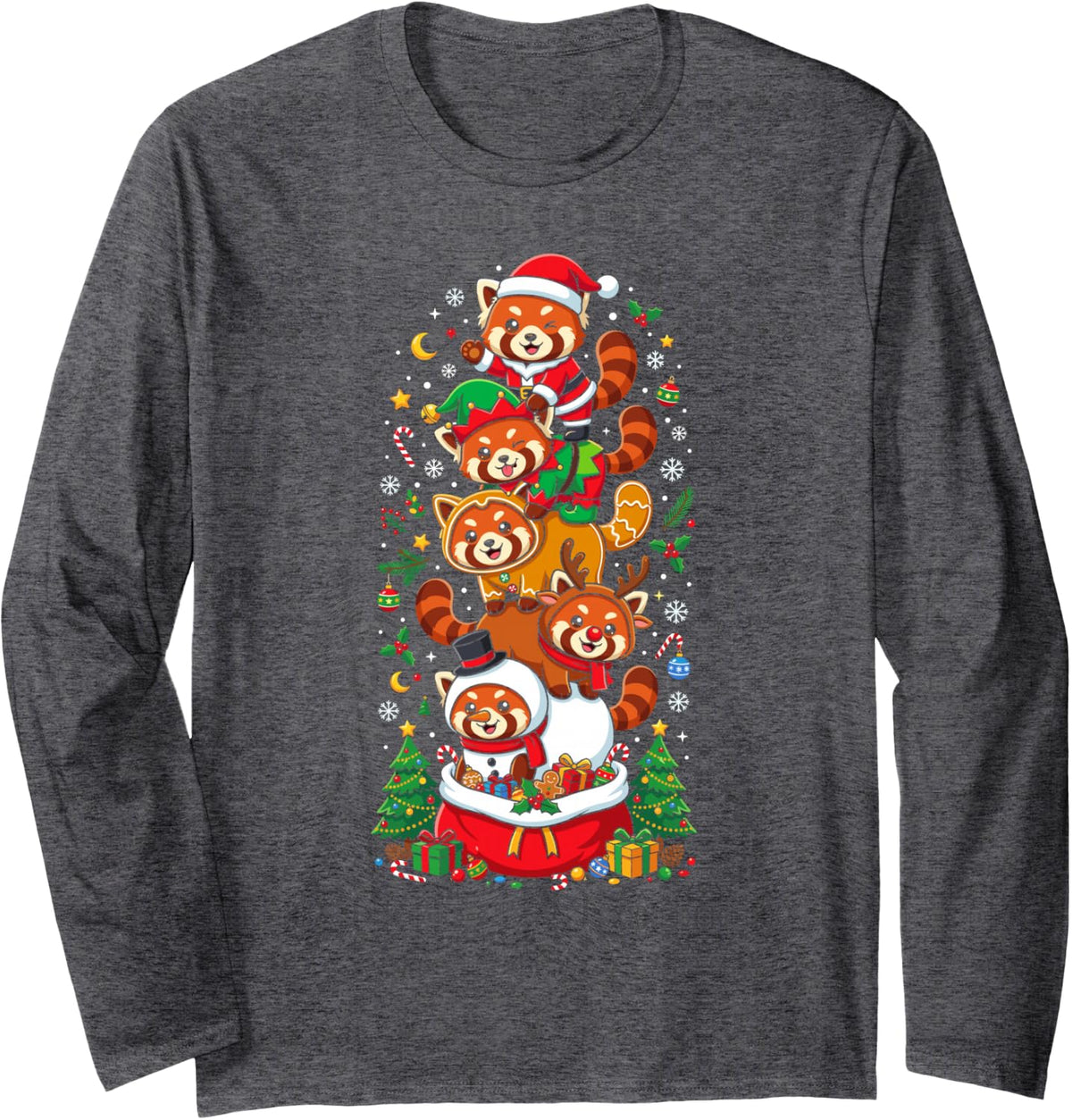Funny Christmas Red Panda Santa Elf Snowman Womens Mens Kids Long Sleeve T-Shirt - Adult Unisex Dark Heather Grey