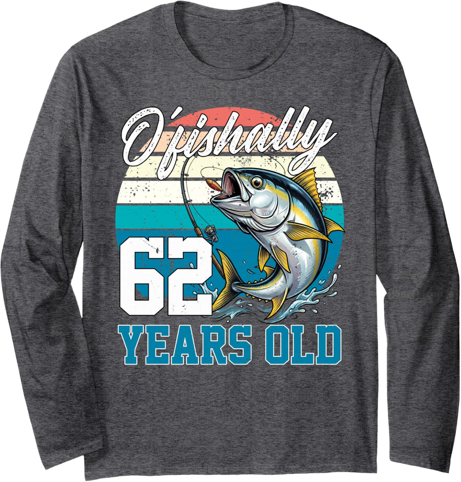 Ofishally 62 Years Old Fisherman 62nd Birthday Tuna Fishing Long Sleeve T-Shirt - Adult Unisex Dark Heather Grey