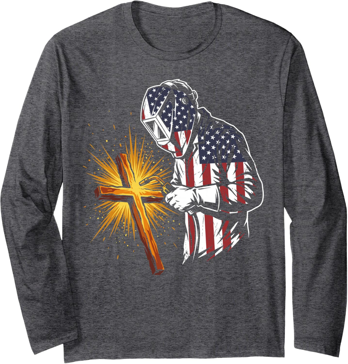 US American Flag Cross Christian Welder Welding Metal Weld Long Sleeve T-Shirt - Adult Unisex Dark Heather Grey