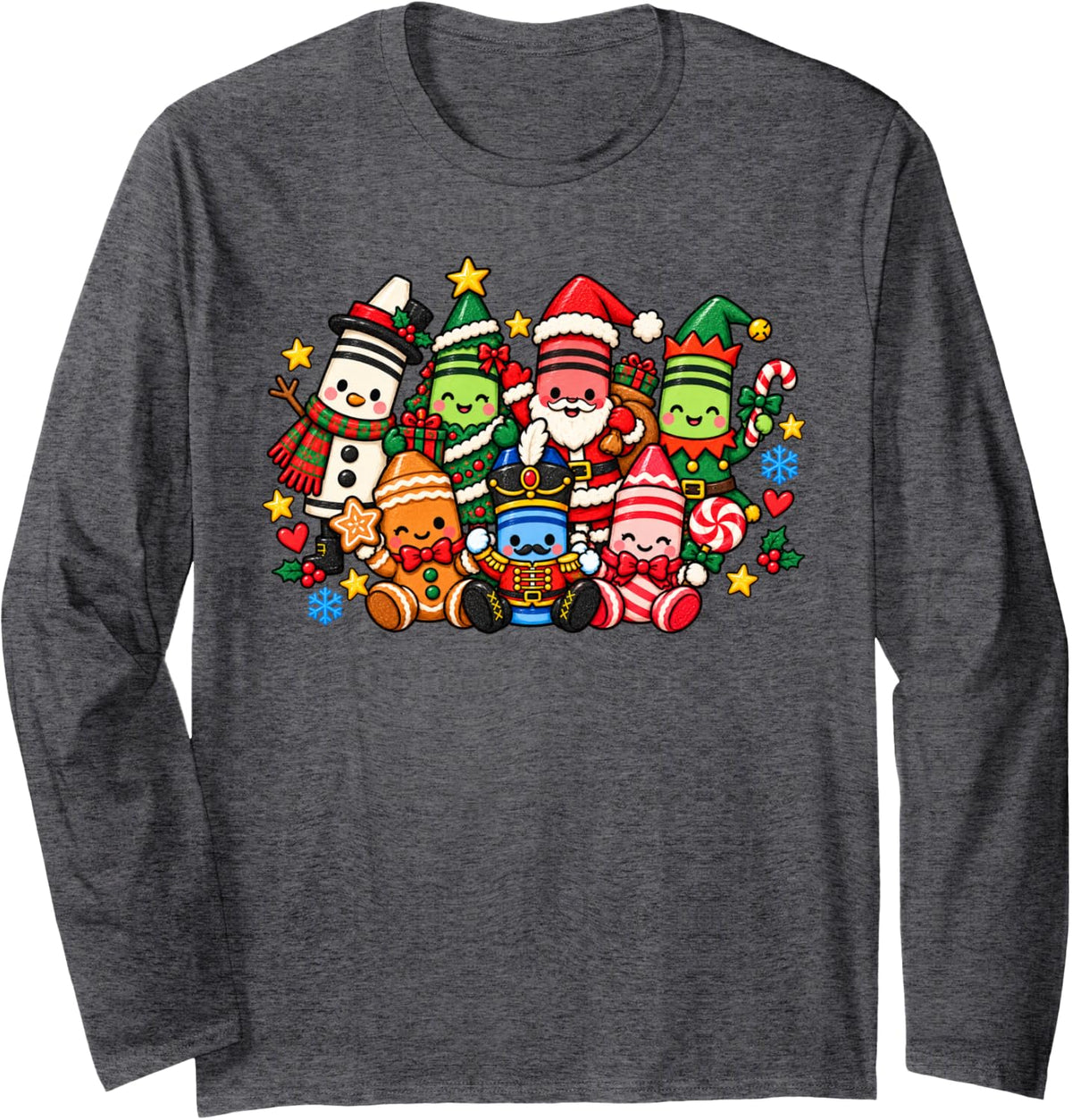 Cute Christmas Crayon Art Teacher School Supplies Xmas Long Sleeve T-Shirt - Adult Unisex Dark Heather Grey