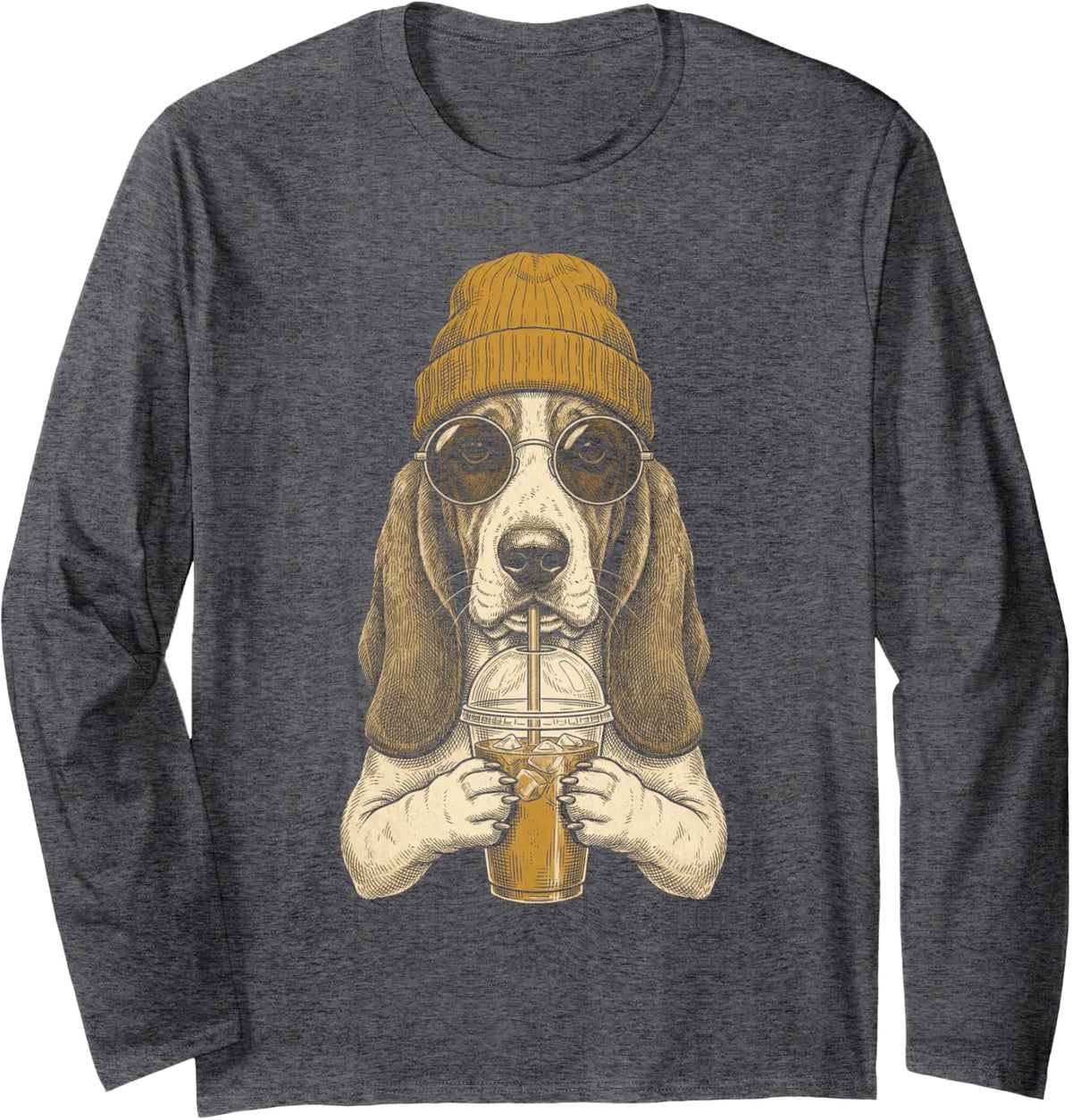 Basset Hound Drinking Iced Coffee Funny Hipster Glasses Long Sleeve T-Shirt - Adult Unisex Dark Heather Grey
