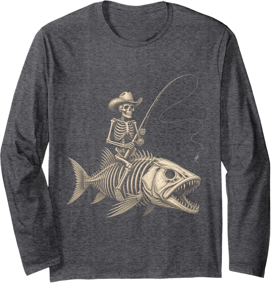 Fishing Skeleton Cowboy Hat Fish Angler Men Dad Halloween Long Sleeve T-Shirt - Adult Unisex Dark Heather Grey