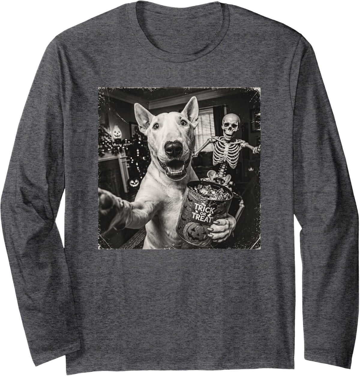Halloween Bull Terrier Selfie Scary Skeleton Dog Lover Long Sleeve T-Shirt - Adult Unisex Dark Heather Grey
