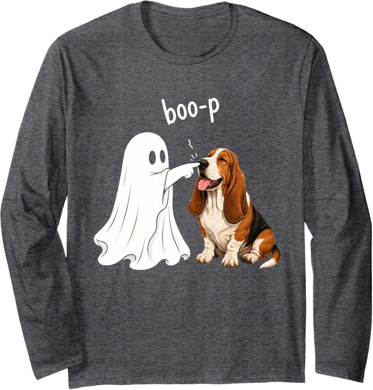 Funny Basset Hound Boo-P Ghost Boop Halloween Dog Lover Long Sleeve T-Shirt - Adult Unisex Dark Heather Grey