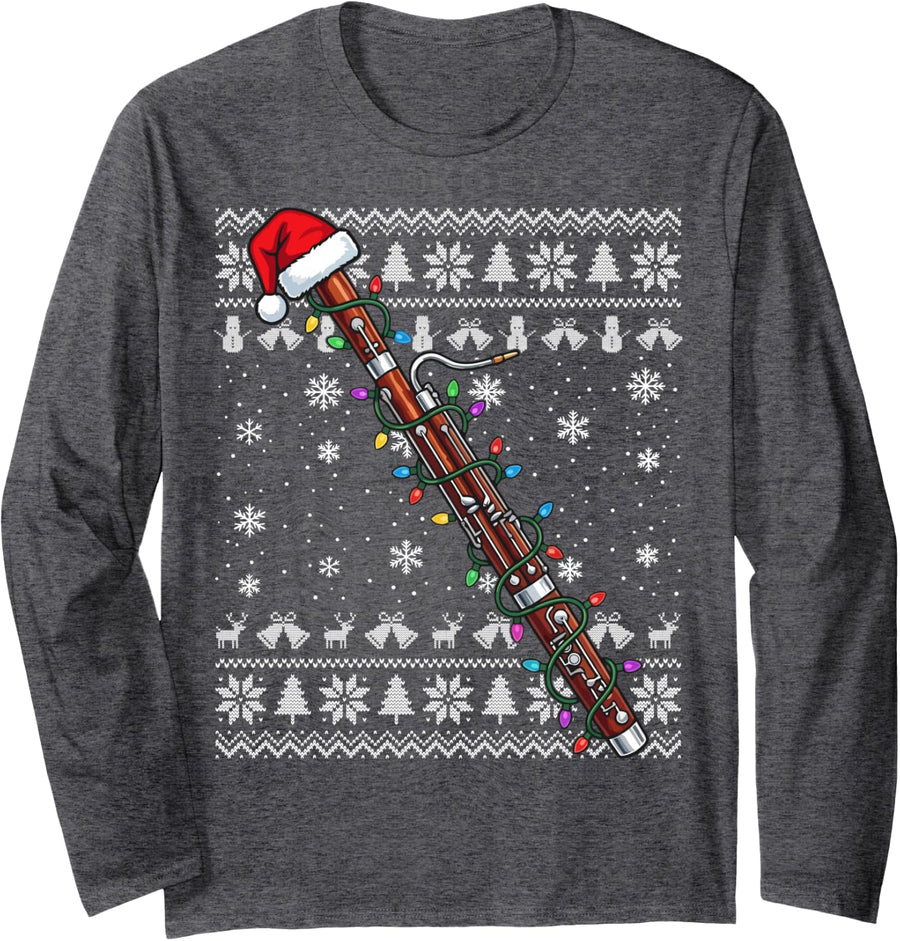 Christmas Bassoon Santa Hat Lights Ugly Sweater Musician Long Sleeve T-Shirt - Adult Unisex Dark Heather Grey