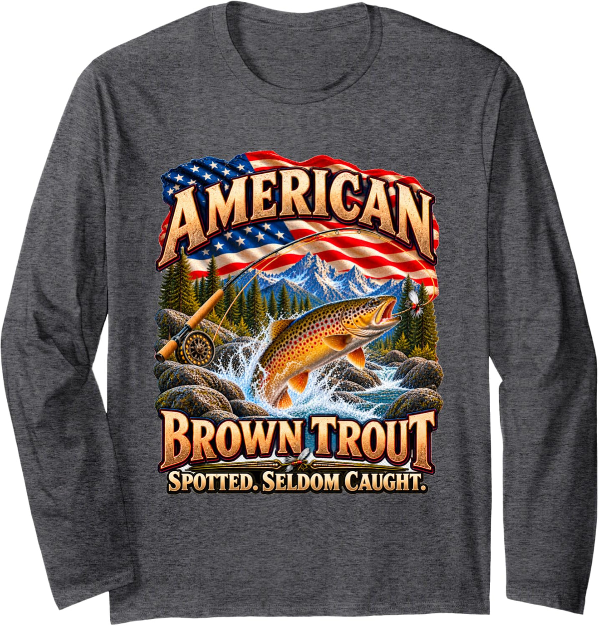 American Brown Trout Fly Fishing Fisherman Men Women Teens Long Sleeve T-Shirt - Adult Unisex Dark Heather Grey