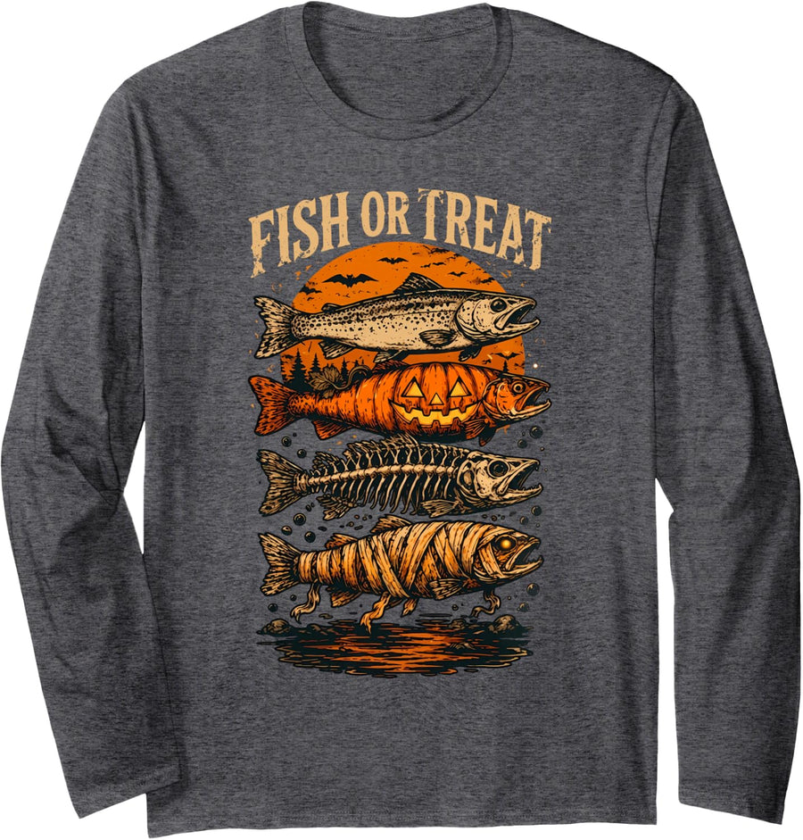 Halloween Trout Fish Or Treat Ghost Pumpkin Skeleton Mummy Long Sleeve T-Shirt - Adult Unisex Dark Heather Grey