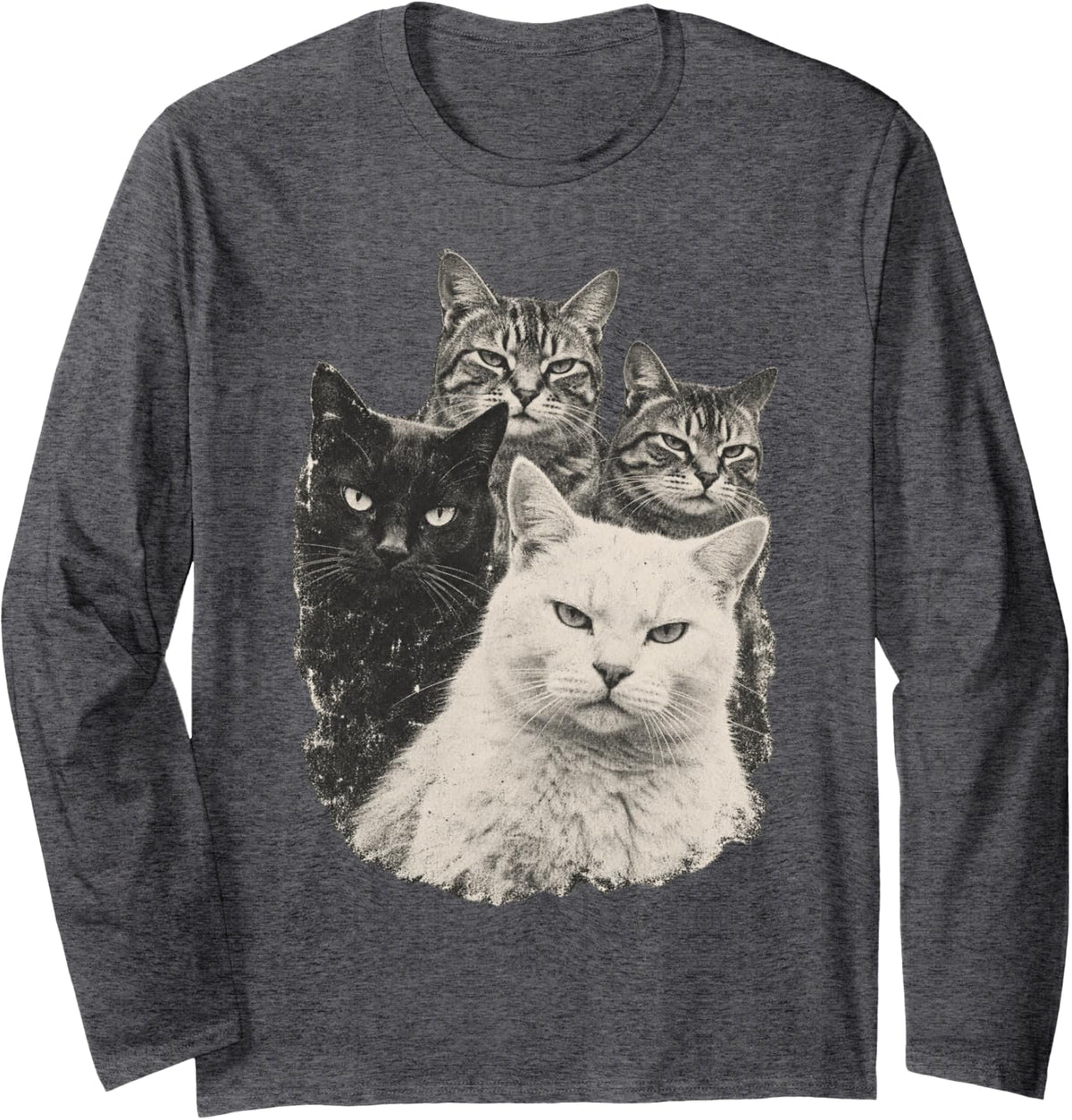 Close Up Portraits Faded Vintage Moody Cat Collage Art Long Sleeve T-Shirt - Adult Unisex Dark Heather Grey