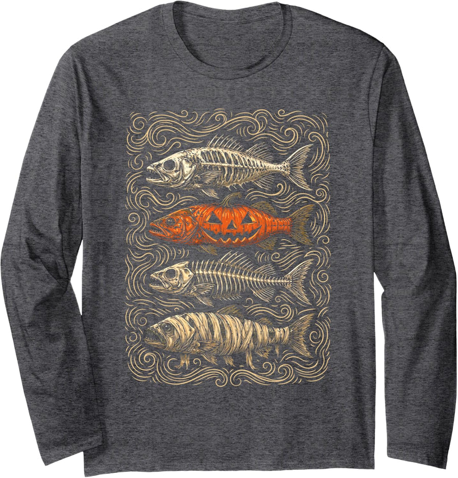 Halloween Trout Fish Ghost Pumpkin Skeleton Mummy Retro Long Sleeve T-Shirt - Adult Unisex Dark Heather Grey